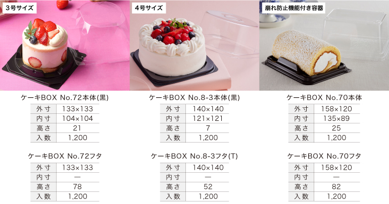 3号サイズ用ホールケーキ容器、4号サイズ用ホールケーキ容器、ケーキの崩れ防止機能付きのロールケーキ容器