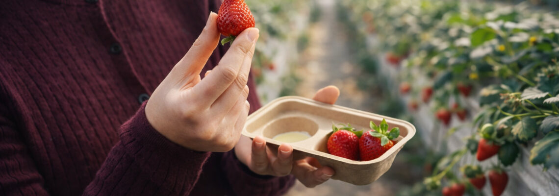 パルプモールド製のいちご狩りトレイの使用イメージ