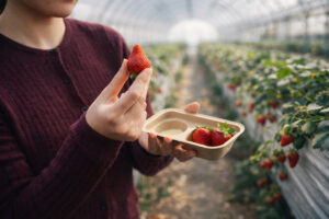 パルプモールド製のいちご狩りトレイの使用イメージ